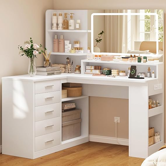 TEENFON Dressing Table with LED Lighted Mirror, 5 Drawers, 3 Open Shelves, Vanity with 5 Side Storage Spaces, Corner Makeup Vanity with Power Outlets, Bedroom, White