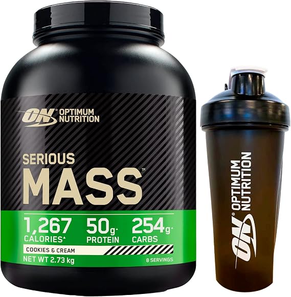 Optimum Nutrition Serious Mass Whey Protein Powder for Muscle Mass with Creatine Glutamine and Vitamins Cookies & Cream 6 lbs 8 Servings + Shaker