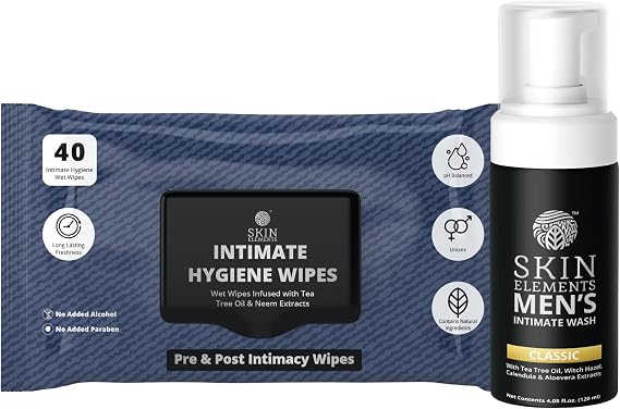 Skin Elements Intimate Hygiene Combo| Intimate Wash Men 120 ml+Intimate Wipes 40 Individual Sachets With Tea Tree & Neem Extracts - pH Balanced Foaming Wash Controls Odor