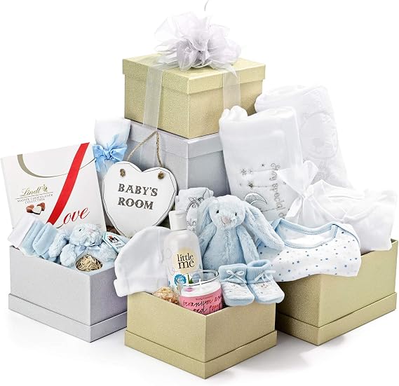 Premium Baby Boy Gift Set - Newborn Gift Tower in Blue with Lavender Bubble Bath, Infant Socks, Jellycat Bunny - Hampers for Babies and New Mums and Dads, from Regency Hampers