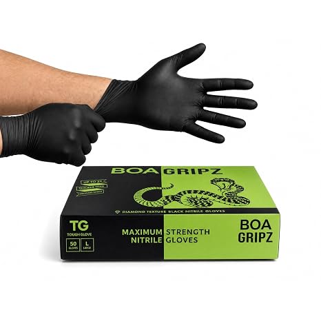 TG TOUGH GLOVE BOA Gripz Black Nitrile Gloves L, Diamond Grip, 50 Pack