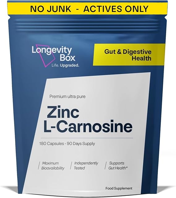 Zinc L-Carnosine Supplement - 75mg x 180 Capsules of Maximum Bioavailable Zinc L-Carnosine 2 Per Serving, Supports Gut Health, Nutrient Absorption, Digestive Comfort - 3 Months Supply