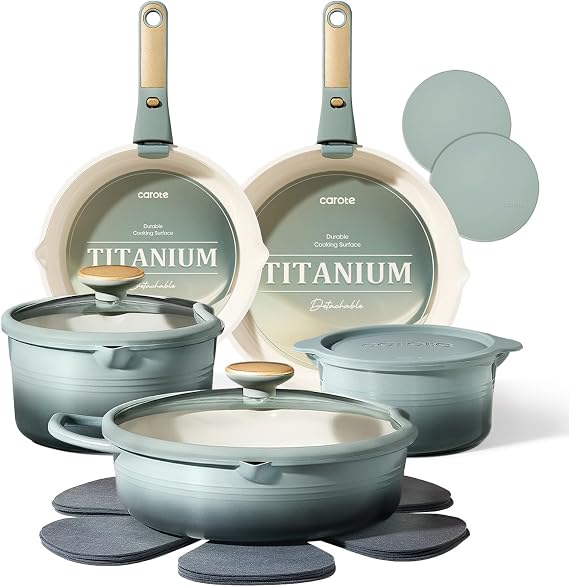 CAROTE 16-Piece Ceramic Pots and Pans Set NonStick with Detachable Handle