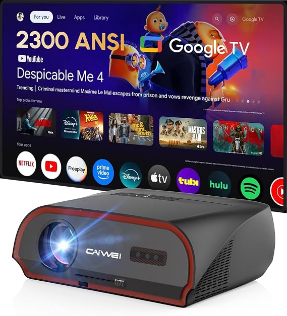 Ultra HD Smart 4K Projector 2300 ANSI Lumens – Google TV Built-in, Daylight Visible, Auto Keystone, Dolby Audio, WiFi 6/Bluetooth 5.2, 300” Big Screen for Football, Movies & Gaming