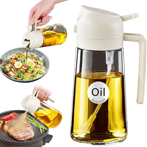 YARRAMATE Pişirme için Yağ Püskürtücü, Mutfak için 2'si 1 Arada Zeytinyağı Dispenseri Şişesi, 16oz/470ml Premium Cam Yeşil Kabı, Hava Fritözü, Salata, Kızartma, Barbekü için Gıda Sınıfı Mister