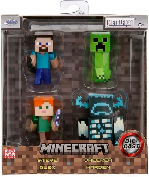 Jada Toys Minecraft figür seti, 4 adet (her biri 6 cm) - Caves & Cliffs'ten Steve Alex Creeper Warden metal figürler, 8 yaşından büyük koleksiyoncular için - 253262001