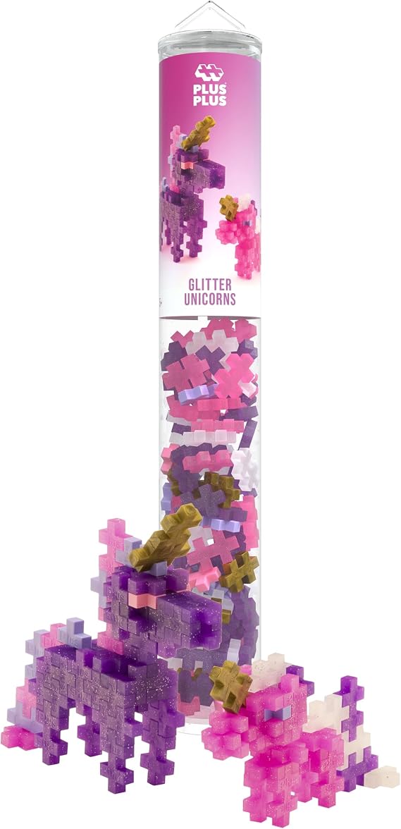 Plus Plus Building Blocks Toy - Unicorn Toys for Kids, Creative Learning Resources and STEM Play for Home and Travel - Girls and Boys Toys Age 5 Plus - Glitter Unicorns 100 Pieces