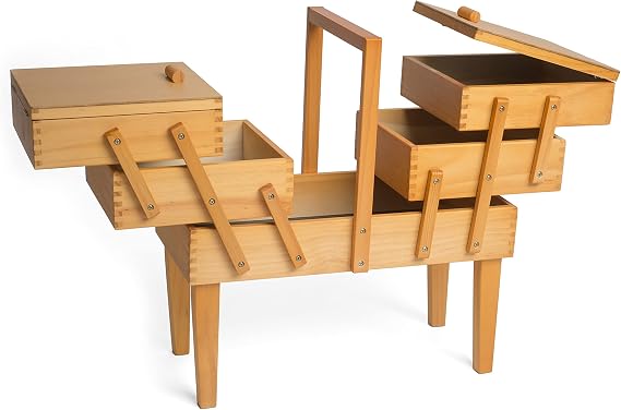 Hobby Gift Cantilever Wooden Box for Sewing and Crafts, 3 Levels with Legs