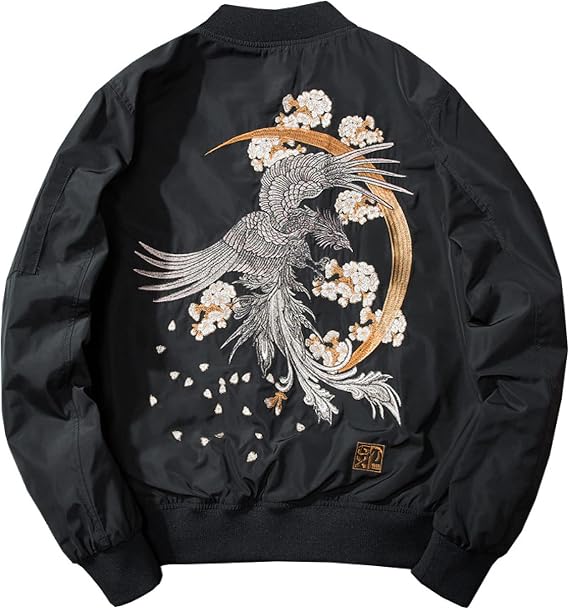 Men Bomber Baseball Jackets - Harajuku Style Phoenix Floral Embroidered Jacket Air Force Pilot Jacket Men'S Cargo Coats Baseball Uniform Jacket Couple Wear,Black,3Xl