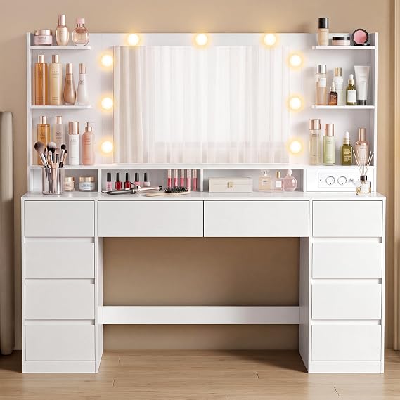 VASAGLE Dressing Table with Mirror and Lights, 10 Drawers, 3 Colour Modes