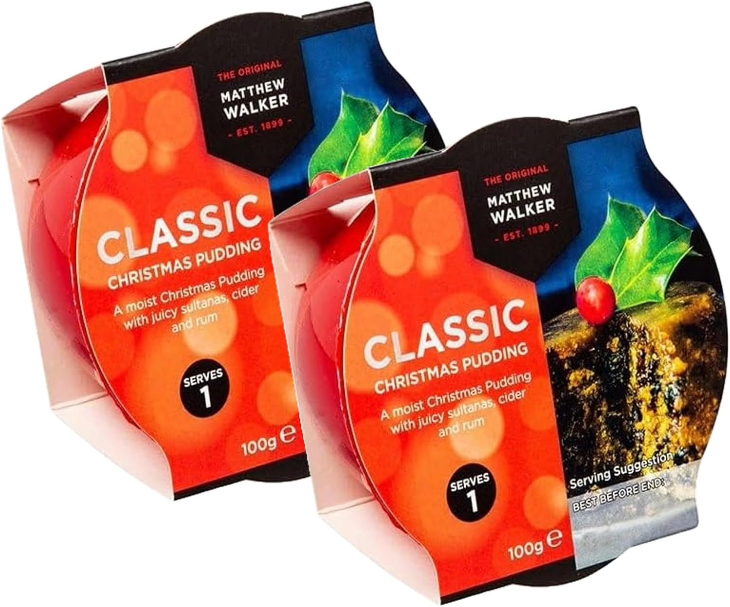 Classic Christmas Pudding by Matthew Walker - Vegan Dessert with Juicy Sultanas, Mixed Peel- 2 x 100g