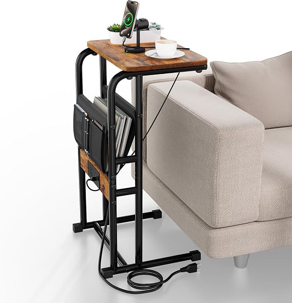 C Shaped End Table with Charging Station,Couch Table with Storage Bag