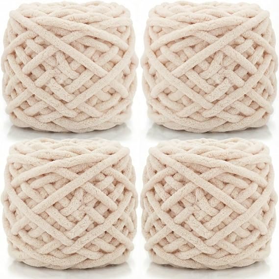 4 Pack Chunky Yarn,Chunky Wool for Knitting 100g Balls,Multi-Colored Soft Chenille Yarn,Knitting Wool for Knitting&Crocheting Blanket,Cushion,Pet Beds,Bags,Hats,Scarves (Khaki White)