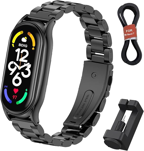 BDIG Compatible For Xiaomi Mi Band 7 Strap, Metal Bracelet MiBand 7 Waterproof Stainless Steel Wrist Strap Accessory Band Strap for Xiaomi Mi Smart Band 7