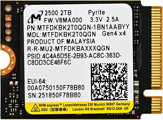 Micron 2TB 2500 M.2 2230 PCIe Gen 4.0x4 NVMe SSD up to 7,100MB/s for Steam Deck Surface Ally Mini PC Laptop