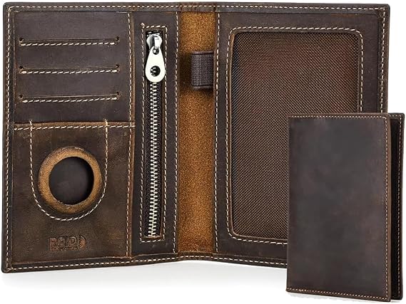 Contacts Men's Genuine Leather RFID Blocking Wallet with AirTag Slot Card Organiser Slim Clutch for Family Travel Brown Carry 1-4 Passport Retro