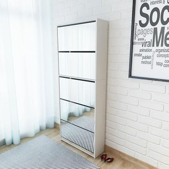 White Modern 5-Drawer Engineered Wood Shoe Cabinet with Mirror - Store 15-20 Pairs 273938