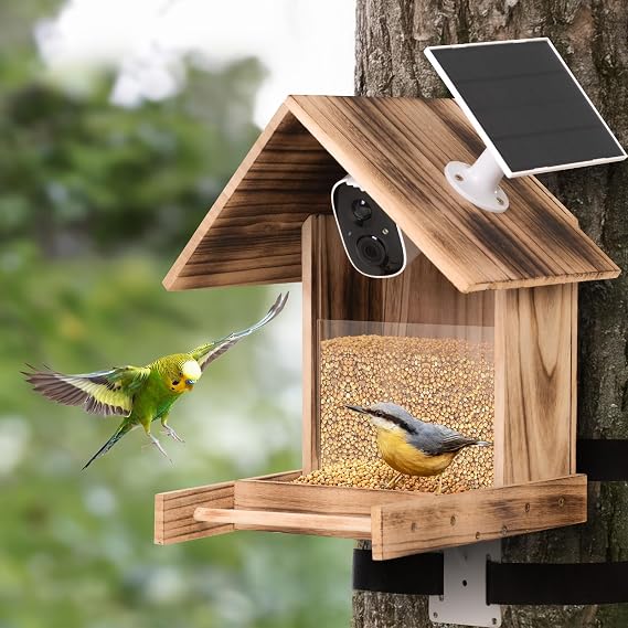 Summer Island Smart Bird Feeder with Camera Solar Powered, Bird Feeder with Camera, Auto Capture Bird Motion Detection, for Bird Lovers, Wood