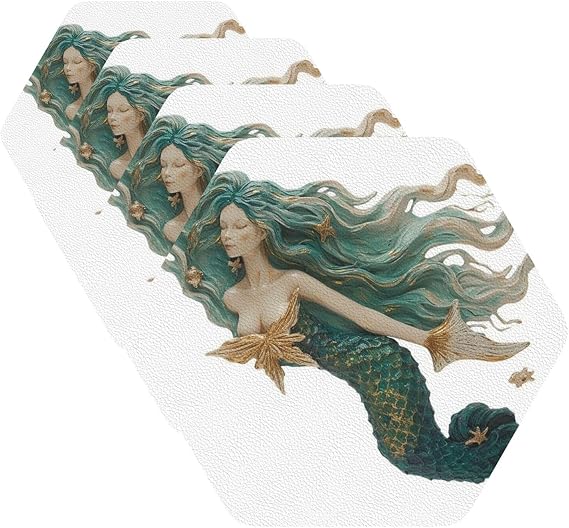 Coasters for Drinks 4 Pack Leather Coaster with Holder Drink Coasters for Coffee Table 4" Cup Mat Pad Set Art Mermaid Bar Coaster Tabletop Protection Mat for Kinds of Cups