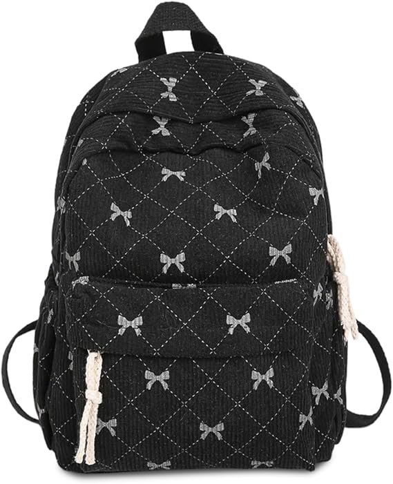 Black Bow Backpack, Cute Corduroy Backpack, Large Capacity Girls School Bag for School Travel Daily Use, Funny Bow Gifts for Women Girls Teenagers and Children