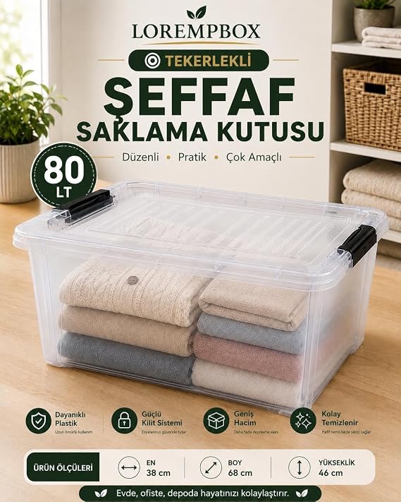 80 LT Tekerlekli Şeffaf Saklama Kutusu Tek Adet