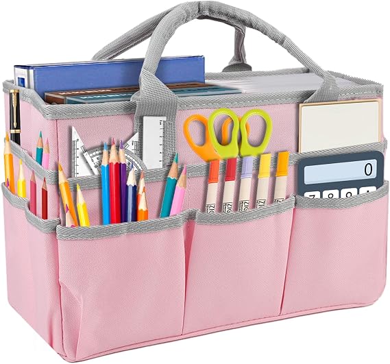 Desktop File Folder Tote Storage Organizer, Oxford Fabric Art Craft Storage Bag Art Craft Supplies Tote Bag with Pockets and Handles Carrying Case for Teacher Office Drawing Book Notebook (Pink-Gray)