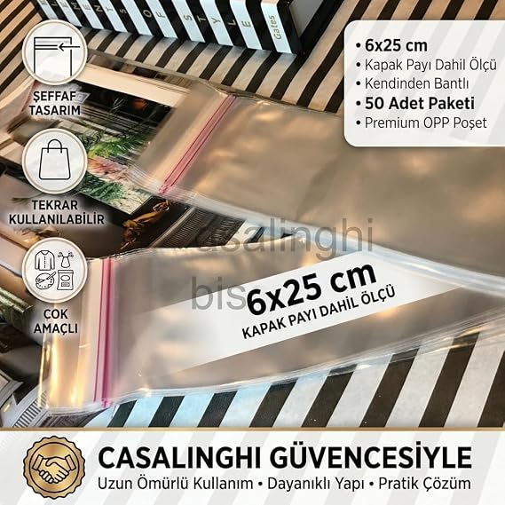 6x25 CM (Kapak payı dahil) Kendinden Yapışkanlı Jelatin Poşet Bantlı Şeffaf Opp Torba Paket 50li