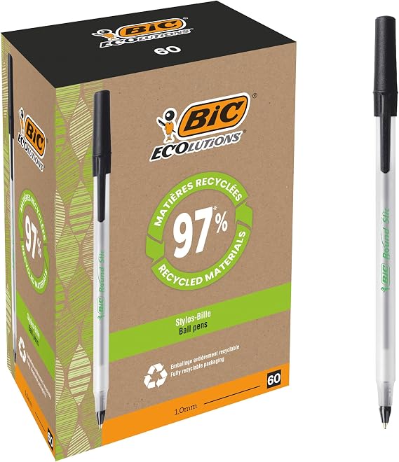 BIC Round Stic ECOlutions Ballpoint Pens - Box of 60 - Black - Medium Writing Point (1.0 mm) Large Office Size