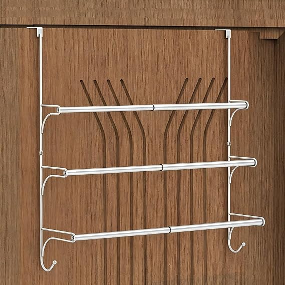 Auledio Adjustable Over The Door Triple Towel Rack with Hooks,Silver