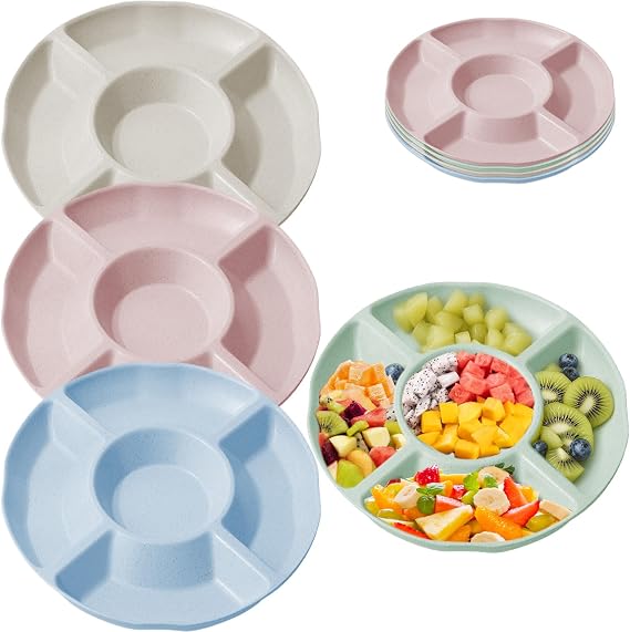 Snack Tray, 5 Grid Snack Tray, 23cm Colorful Circular Snack Divider, 4Pcs Machine Washable Snack Distribution Bowl Suitable for Family Gatherings Such as Fruit Trays Parties Cinemas and Buffets