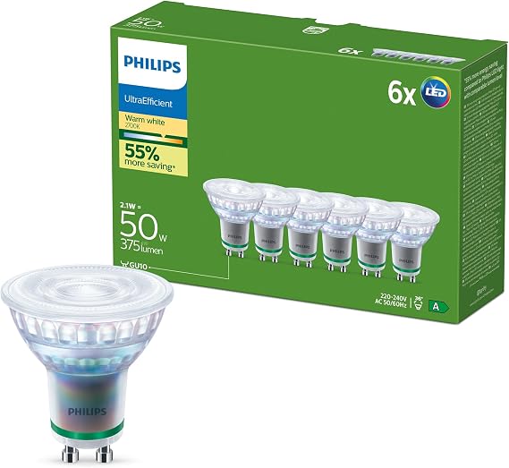 Philips Ultra Efficient LED PAR16 GU10 2700K 375lm 2.1W/50W Pack of 6 [Energy Class A]