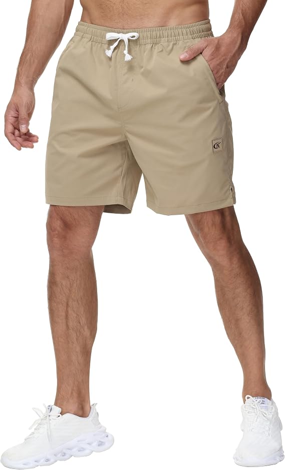 YuKaiChen Casual Shorts Men's Short Trousers Summer Classic Twill Drawstring Stretch Elastic Waist with Zip Pockets