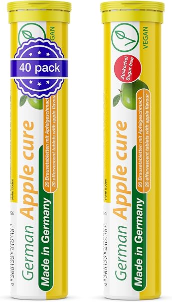 Apple Cider Vinegar Extract Effervescent Tablets 2 x 20 Pieces Apple Flavour – 256.5 mg Apple Cider Vinegar 2 mg Vitamin B6 – T&D Pharma German Apple Cure – Made in Germany