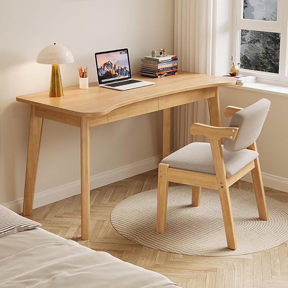 100% Solid Oak Writing Desk - Home Office Desk with Storage Drawers, Modern Furniture with Curved Top Small Study Table for Bedroom(31 Inch, Natural)