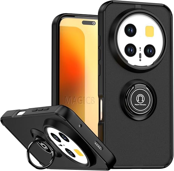 XINYEXIN Case for Honor Magic 8 Pro / Magic8 Pro with Ring Stand, Matte Translucent Shockproof Bumper Protective Cover - Black