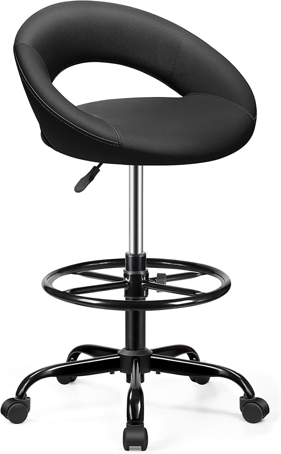 BESTFAIR Office Drafting Chair - Back Support Bar Stool with Adjustable Footrest and Casters, Shop Rolling Swivel Chair Standing Desk Counter Kitchen Salon Home Vanity Black