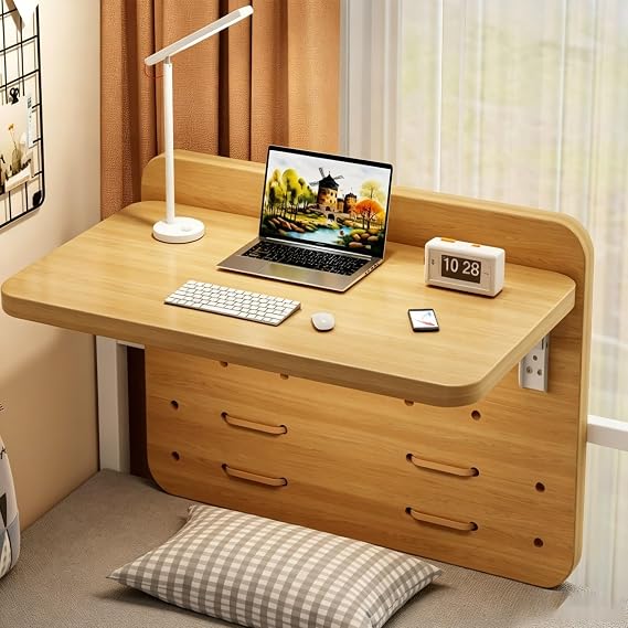 SpaceSaving Floating Bunk Bed Desk for Dorms Foldable Hanging Nightstand with Adjustable Railing Natural Wood Tray (40x30x30cm/15.7x11.8x11.8in)
