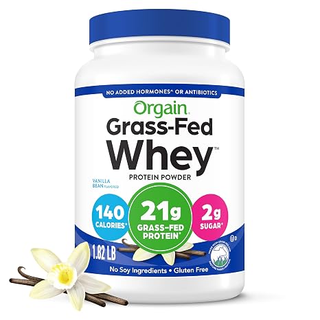 Orgain Grass Fed Whey Protein Powder, Vanilla Bean, Gluten Free, Non-GMO, 1.82 Pound, 1 Count