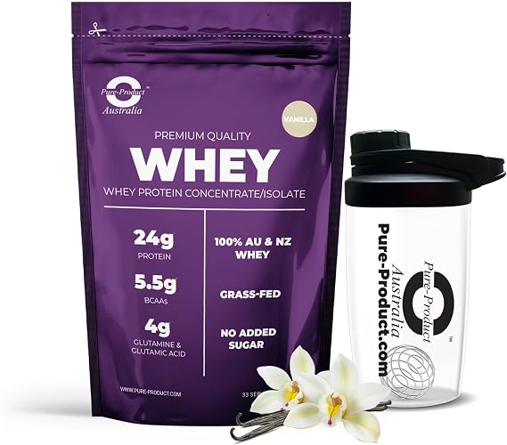 Pure-Product Australia Whey Protein Isolate & Concentrate - Protein Powder Vanilla 1 kilogram with Glass Shaker
