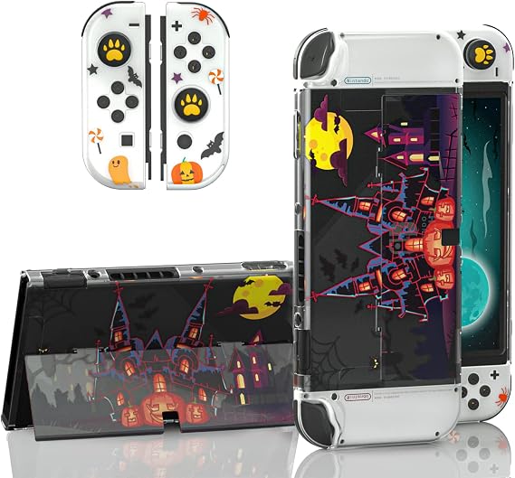 Switch OLED Kılıf, Switch OLED Cadılar Bayramı Dekorasyon Kılıfı, 2 Kedi Pati Başparmak Kavrama Kapağı ve 1 Anahtarlı OLED Ekran Koruyucu, Erkek ve Kız Çocukları için Switch OLED Koruyucu Kılıf