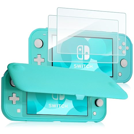 ProCase Flip Case + (2 Pack) Screen Protector for Nintendo Switch Lite 2019 Soft Thin TPU Shockproof Case + 2 Tempered Glass Bubble-Free Tempered Glass Screen Protectors - Turquoise