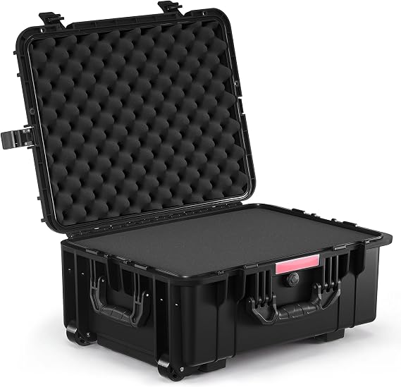 VEVOR Waterproof Rigid Case 573 x 450 x 277 mm with Swivel Wheels and Retractable Handle, IP67 Waterproof Protective Case with 4 Clips, 4 Holes for Padlock and Foam Inserted, Black