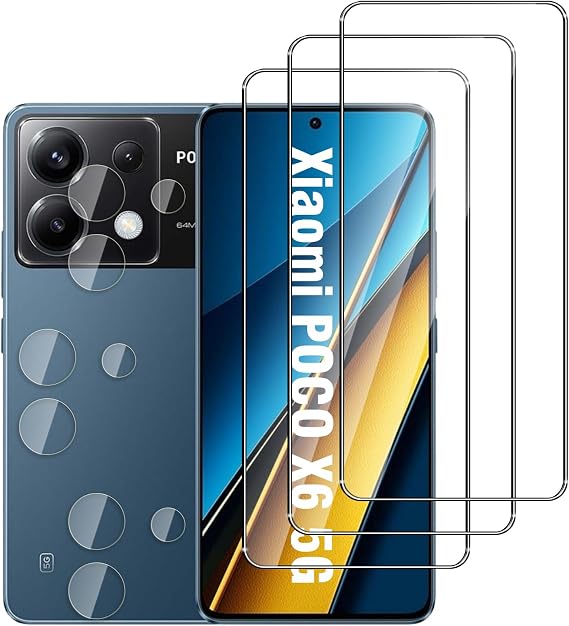 3+3 Pack Screen Protector for Xiaomi POCO X6 5G,3 Tempered Glass Film and 3 Camera Lens Protectors,2.5D round edge, HD Clear, Case Friendly, Bubble Free, Anti Scratch