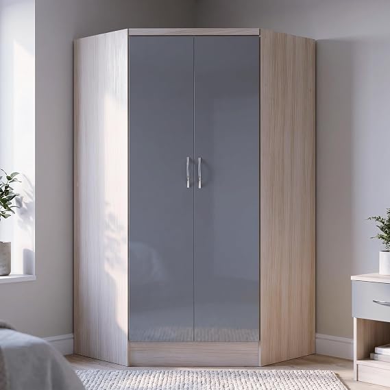 Seconique Nevada 2 Door Corner Wardrobe,Grey Gloss/Light Oak