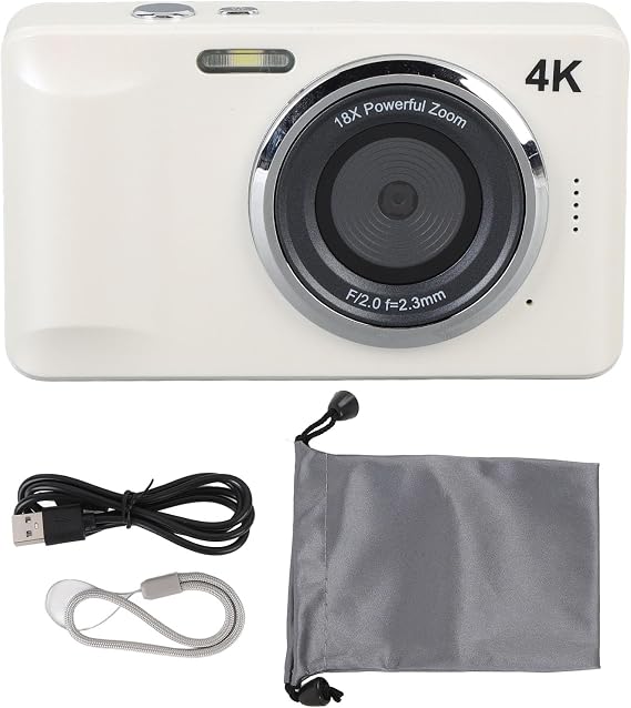 4k 64mpデジタルカメラ、コンパクトポイント&シュートカメラ、18倍デジタルズーム、2.8インチスクリーン、オートフォーカス ポータブルトラベルカメラ 写真とビデオ用 白