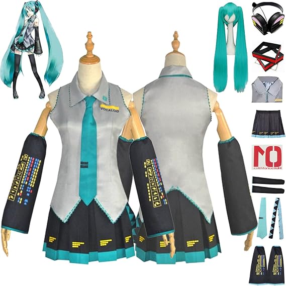 Anime V'ocaloid M'iku Cosplay Costume Outfit Role Play Green Uniform Full Set Halloween Party Carnival Dress Up Suit with Wig Headdress Earphone Stickers for Women