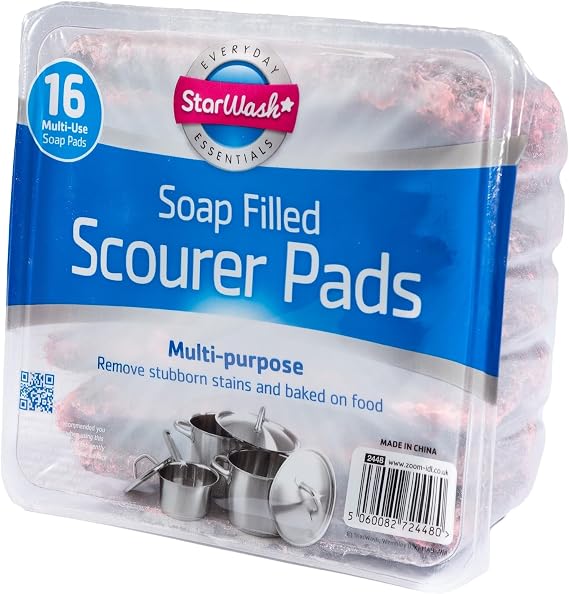 Soap Filled Scourer Pads for Easy Dishwashing, Heavy-Duty Washing Up Sponge & Metal Scourer Combo, Kitchen Sponge Scourers for Pots, Pans, Utensils, Long-Lasting Efficient Cleaning Solution (16 PCS)