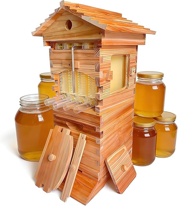 Self-Flow Hive Beehive Starter Kit, Wooden Beehives, Holds up to 6000 B-ees, Natural Cedar Wood, With Transparent Observation Window & Automatic Honey Flow System, For Balcony Beekeeping [Energy Class A]