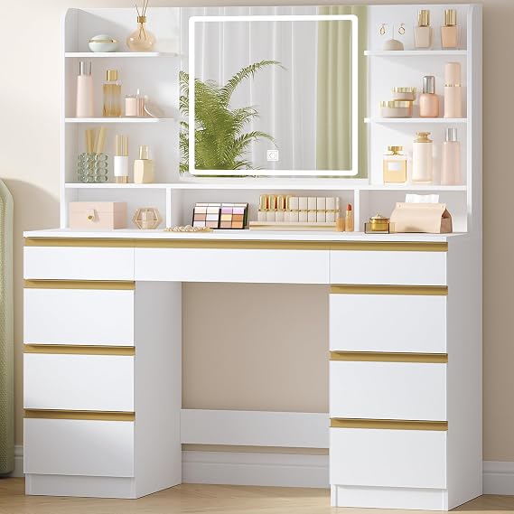 Hzuaneri Dressing Table with LED Light, Vanity Desk with 9 Drawers