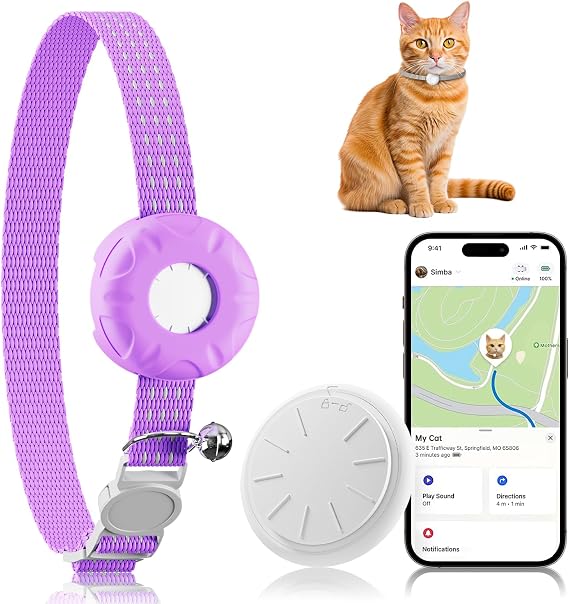 猫トラッカー GPSトラッカー Apple Find My AppiOSのみ対応 防水猫トラッカー首輪 ベルと安全弾性バックル付き 月額登録料無料 最大1年バッテリーパープル